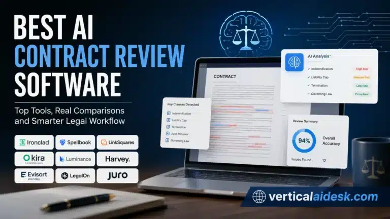 Attorney reviewing a contract on a laptop beside an AI generated clause risk report, illustrating AI contract review software