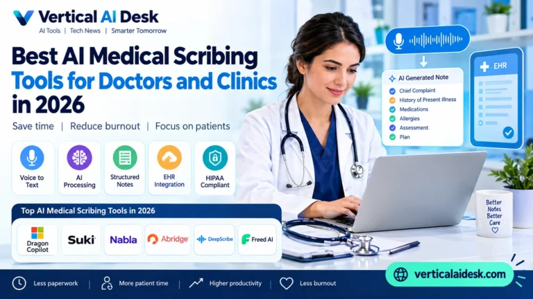 Best AI Medical Scribing Tools for Doctors and Clinics in 2026 - Vertical AI Desk AI medical scribing tools for doctors and clinics in 2026, featuring a doctor using a laptop with AI-generated clinical notes, EHR integration, voice-to-text, structured documentation, and HIPAA compliance. The graphic highlights Dragon Copilot, Suki, Nabla, Abridge, DeepScribe, and Freed AI, with branding for verticalaidesk.com