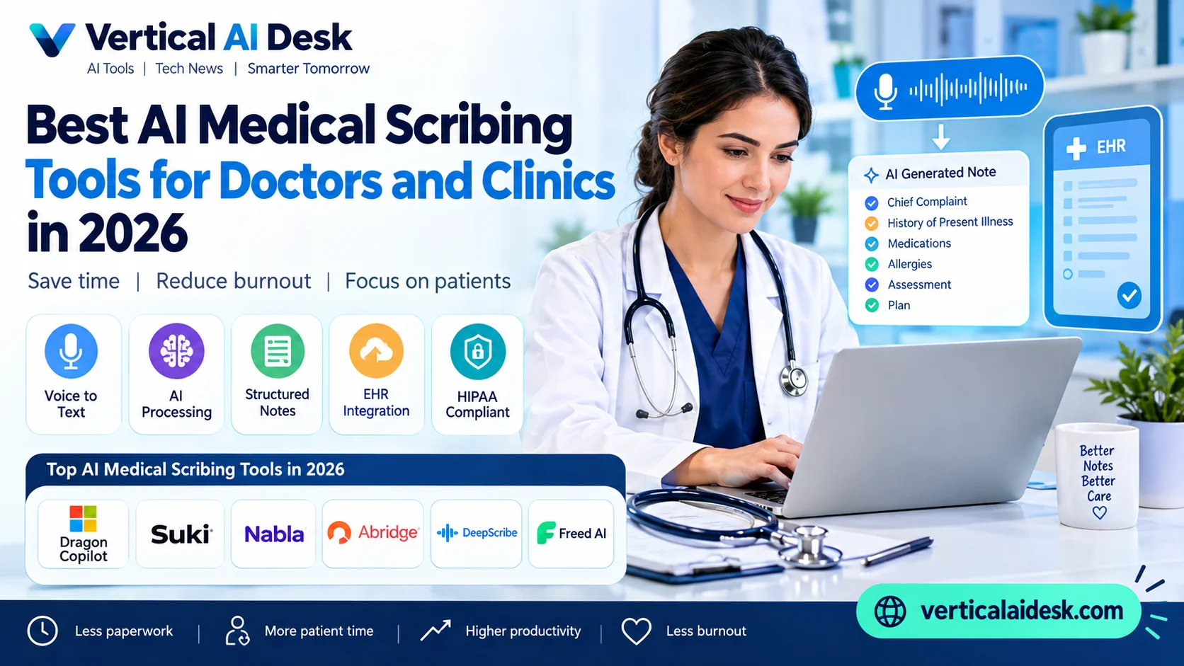 AI medical scribing tools for doctors and clinics in 2026, featuring a doctor using a laptop with AI-generated clinical notes, EHR integration, voice-to-text, structured documentation, and HIPAA compliance. The graphic highlights Dragon Copilot, Suki, Nabla, Abridge, DeepScribe, and Freed AI, with branding for verticalaidesk.com